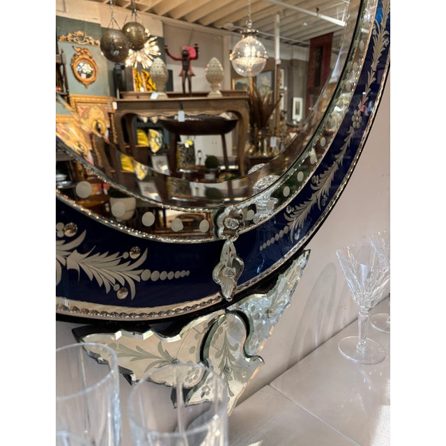 Ornate Dark Blue and Etched Glass Oval Venetian Mirror For Sale - Image 9 of 10