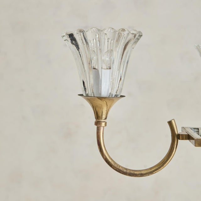 Italian Murano Fluted Glass + Brass 8-Arm Chandelier, 1940s For Sale - Image 4 of 11