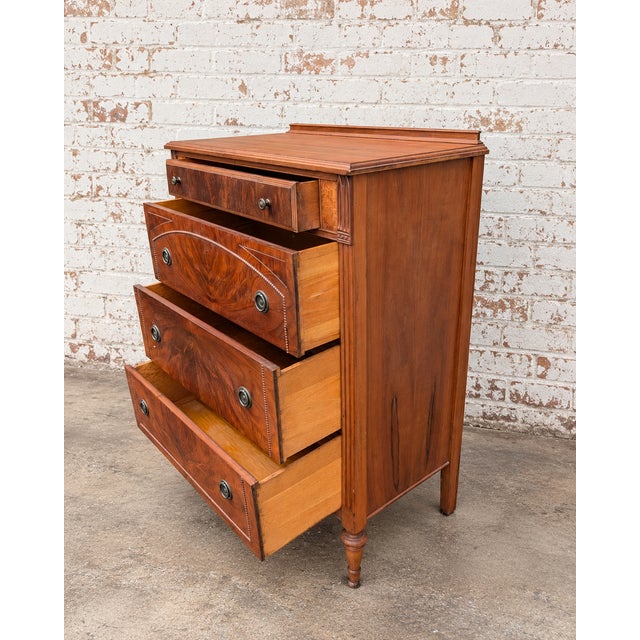Wood Vintage French Regency Style Solid Wood 4 Drawer Highboy Dresser on Wheels and Original Hardware For Sale - Image 7 of 8