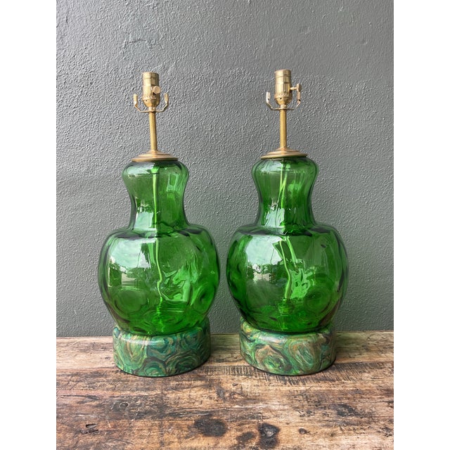 Vintage Hand Painted Malachite Plinth Glass Lamps - A Pair For Sale - Image 10 of 12