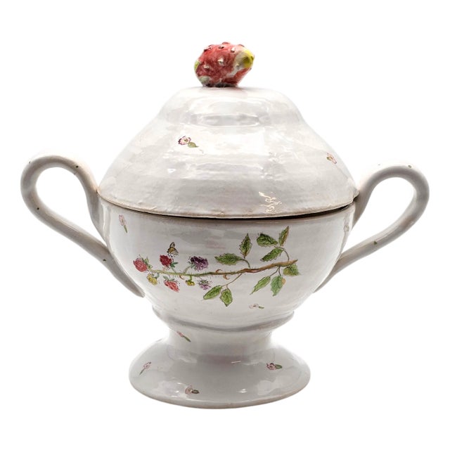 Vintage Studio Art Pottery Covered Comport With Cottage Berry and Strawberry Finial For Sale