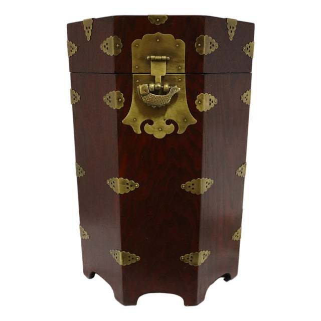 Mid 20th Century Octagonal Korean Wooden Chest/Hat Box With Brass Hardware For Sale