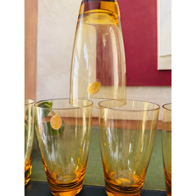 Vintage Amber Glass Pitcher and Six Glasses Set Hand Blown Poland Mid Century Barware For Sale - Image 4 of 12