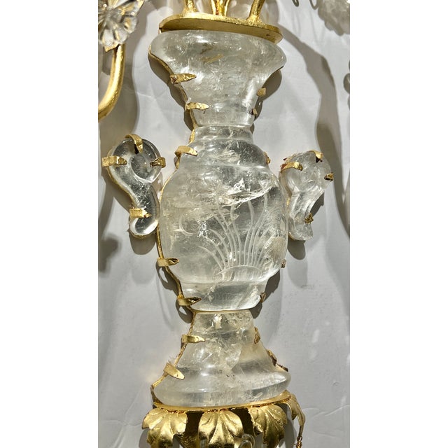 Metal New French Maison Bagues Style Rock Crystal Gilt Metal 2-Light Sconces - a Pair For Sale - Image 7 of 11