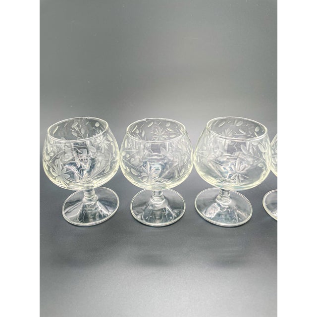 Vintage Etched Floral Crystal Brandy Snifters Set of 6 For Sale - Image 10 of 12
