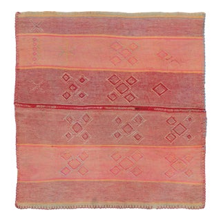 Vintage Peruvian Square Kilim, Pink & Red Geometric Striped Design - Rug & Kilim For Sale