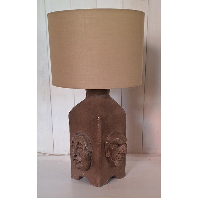 Textile Vintage Table Lamp with Brown Ceramic Base with 4 Different Cartoon Faces and Beige Fabric Shade, 1982 For Sale - Image 7 of 15