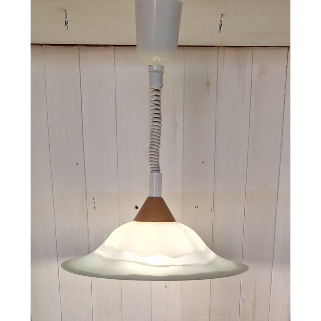 Tan Vintage Height-Adjustable Pendant Lamp with Matte Patterned Glass Shade on Beechwood Mount from H & H, 1980s For Sale - Image 8 of 8