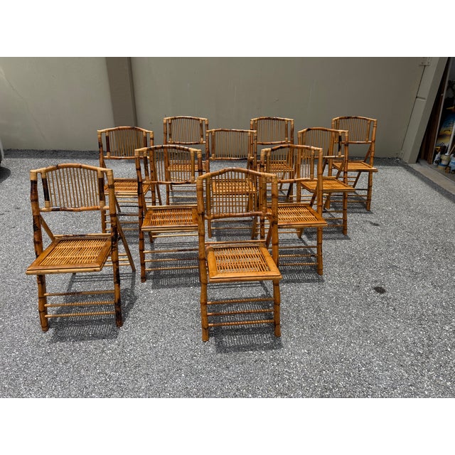 1990s Boho Chic Rattan Burnt Finish Folding Dining Chairs - Set of 10 For Sale - Image 11 of 15