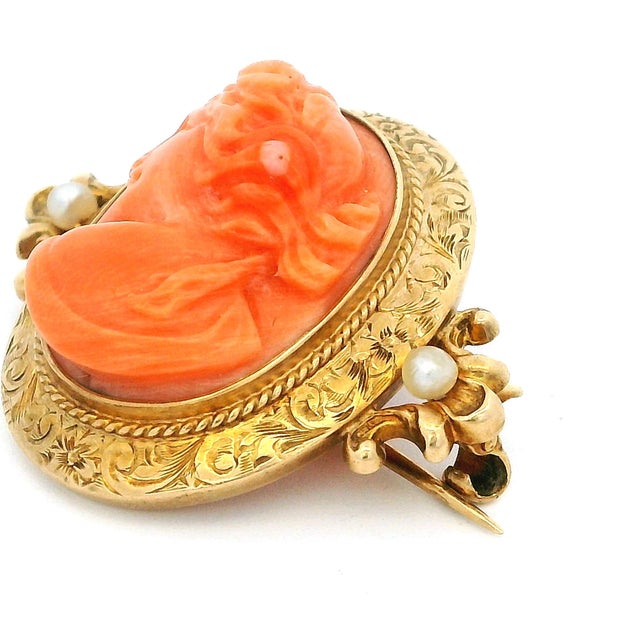 Metal Late 19th Century Victorian Hand-Carved Mediterranean Coral Cameo Brooch in 14k Gold With Seed Pearls For Sale - Image 7 of 13