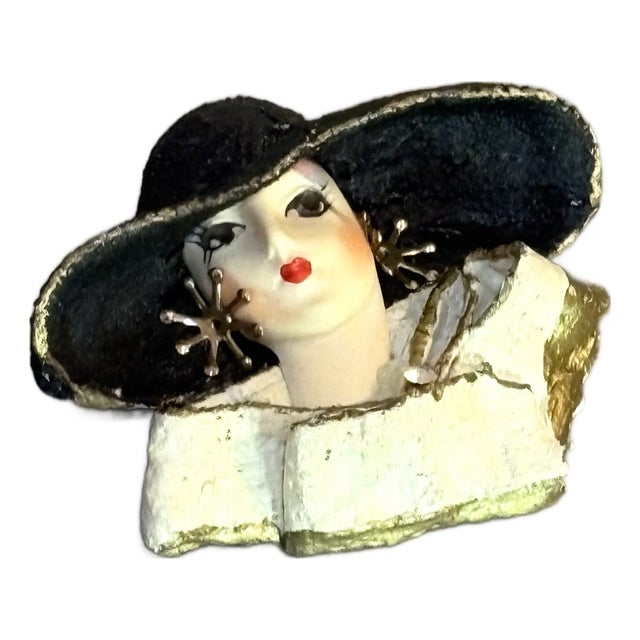 Painted Plaster Woman W/ Hat Brooch For Sale