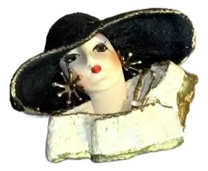 Painted Plaster Woman W/ Hat Brooch