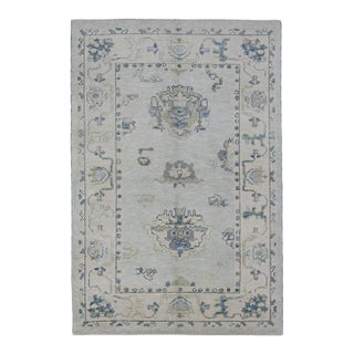 Turkish Oushak Rug Soft Blue & Sage Green Handwoven Wool Rug 4' X 5'11" For Sale