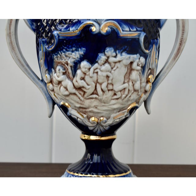 Italian Ceramic Lidded Urn Capodimonte Cobalt Blue Gold Relief Cherubs 70s For Sale In Philadelphia - Image 6 of 16