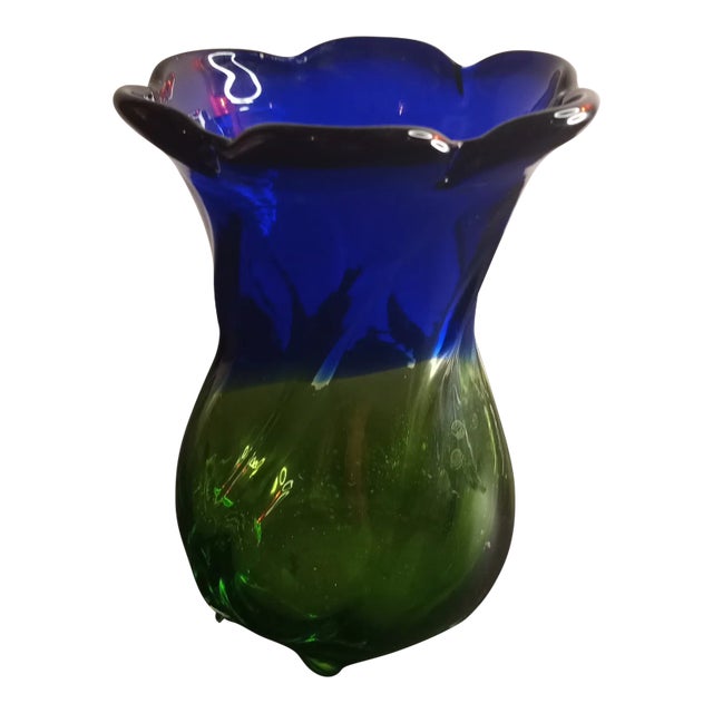 Vintage Blue & Green Art Glass Vase For Sale
