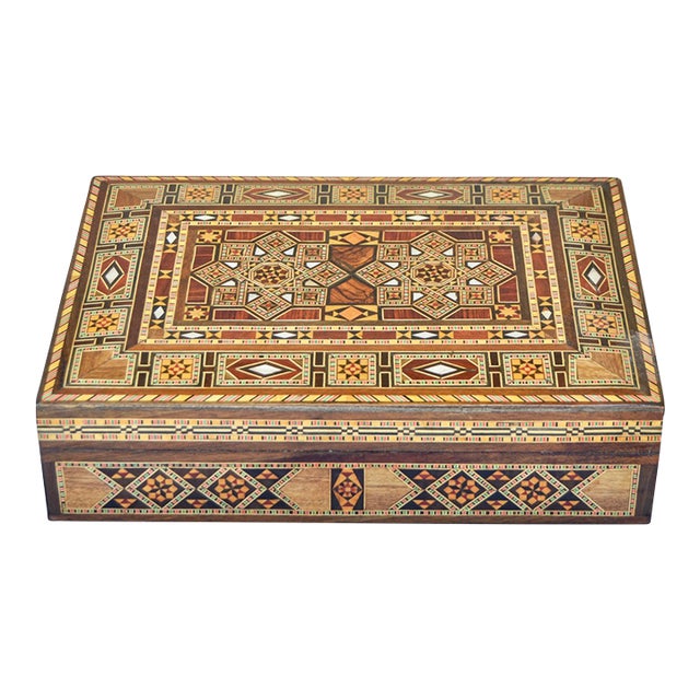 Mid 20th Century Handmade Astral-Patterned Mother-of-Pearl Inlaid Damascene Box For Sale