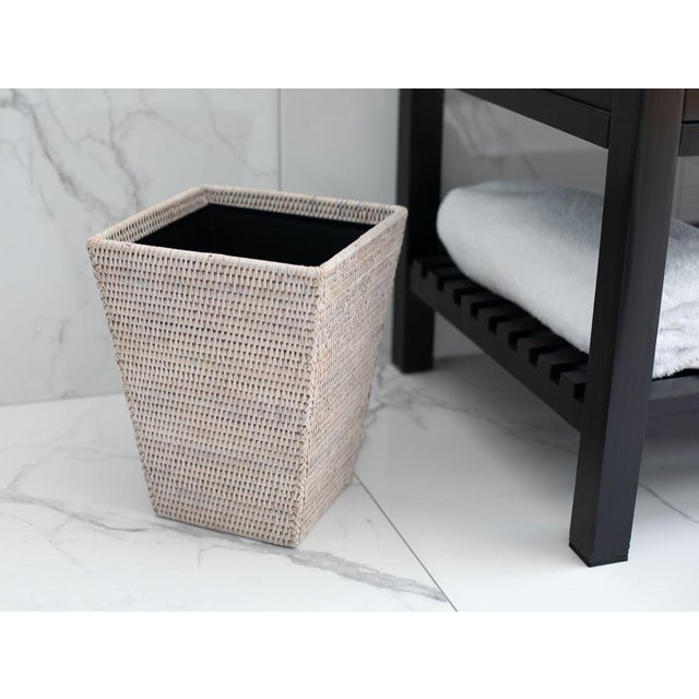 Boho Chic Artifacts Rattan Square Tapered Waste Basket with Metal Liner in White Wash For Sale - Image 3 of 9