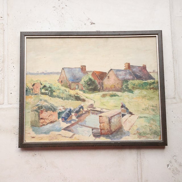 20th Century French Laundry Day Painting captures a charming countryside scene with soft, sun-washed color and loose,...