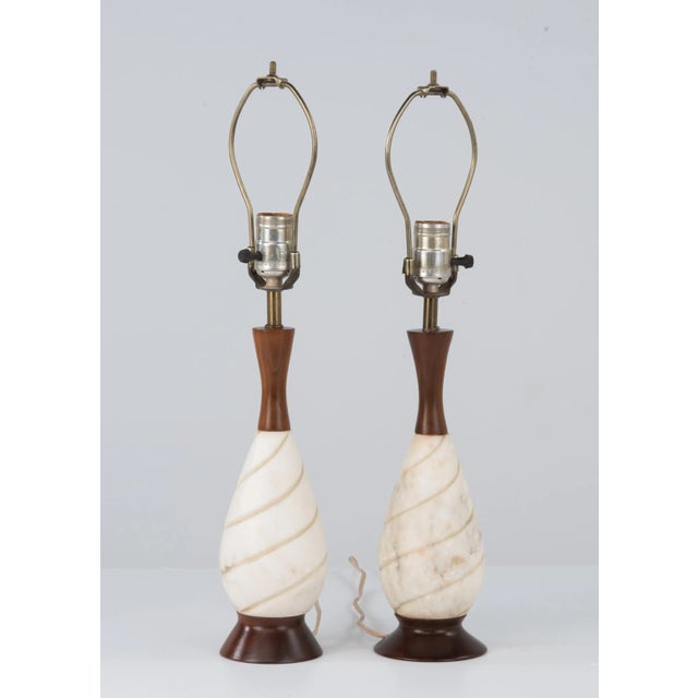 Alabaster Mid Century Marble Walnut Lamps Italy - a Pair For Sale - Image 8 of 13