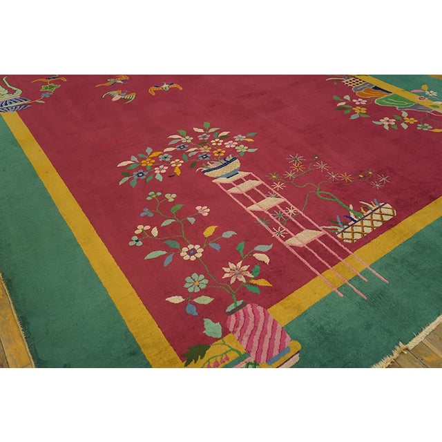Art Deco 1920s Pink Floral Antique Antique Chinese Rug by Nichols Workshop 8' 9"x 11' 4" Handknotted Wool Carpet For Sale - Image 3 of 6
