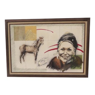 1970s Abstract Horse Portrait Mixed-Media Painting, Framed For Sale