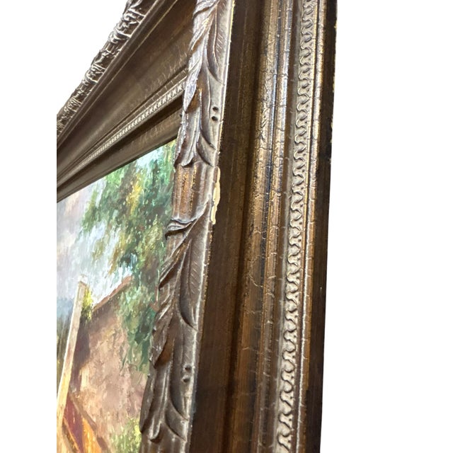 Monumental Tuscan Village Landscape Oil Painting in Carved Gilt Frame 70” X 60” For Sale - Image 9 of 10
