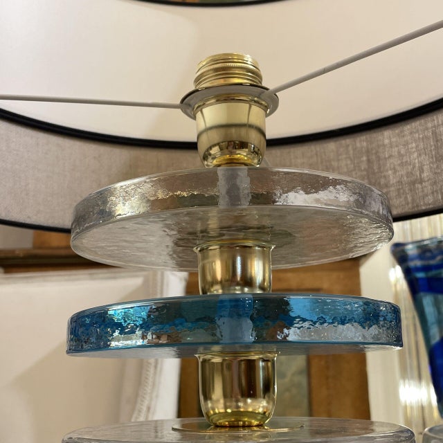 Vintage Blue and Clear Murano Glass Disc Table Lamps, Set of 2 For Sale - Image 3 of 6