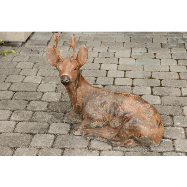 Vintage American Concrete Reclining Deer Sculpture with Iron Antlers and Patina For Sale - Image 11 of 11
