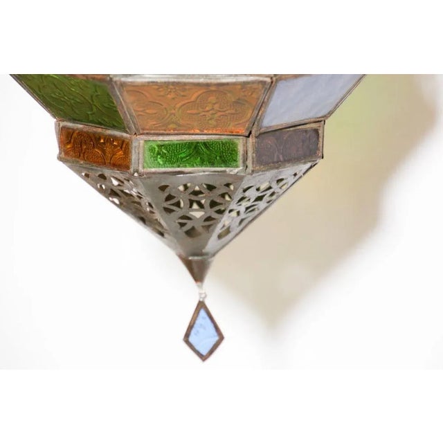 Handcrafted Moroccan Metal and Multi-Color Glass Lantern Octagonal Diamond Shape For Sale - Image 12 of 13
