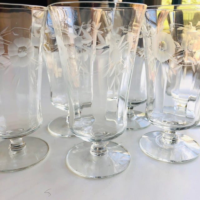 Vintage, clear floral etched set of 6 juice glasses 2.90"D X 5.25"H, No makers mark in excellent condition.