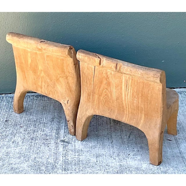 Vintage Carved Wood Low Stools - Pair For Sale - Image 4 of 12