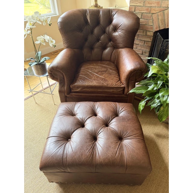 Cigar Leather Restoration Hardware Chair & Coordinating Ottoman, a Pair For Sale - Image 18 of 18
