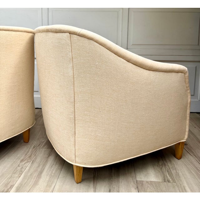 Pair of Vintage Curved Barrel Chairs in Pale Apricot Linen Blend For Sale - Image 14 of 16