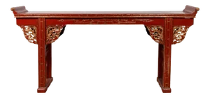 Antique Chinese Red Lacquered Console Table with Gilt Accents and Carved Apron