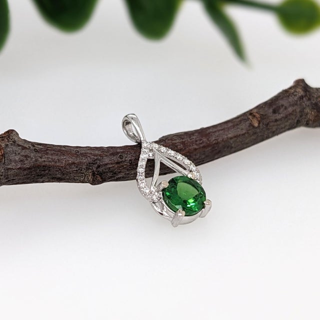 Tsavorite Pendant with Natural Diamonds in Solid 14K White Gold Round 5.5mm For Sale - Image 4 of 8