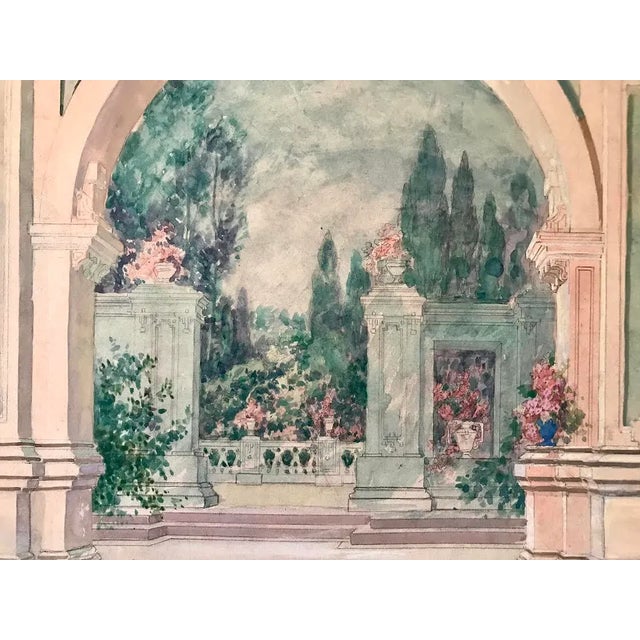 1900 - 1909 Antique Italian Neoclassical Architectural Garden Courtyard Watercolor Painting For Sale - Image 5 of 7