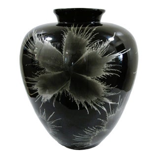1960s Vintage Large Black Lacquer Over Bamboo Urn Vase With Silver Floral Design For Sale