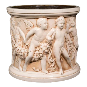 1900s Edwardian Antique Decorative Cherub Jardiniere, English, Ceramic Planter, Putti