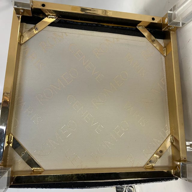 Set Four Vintage French Maison Romeo Brass, Lucite and Ostrich Leather Armchairs For Sale - Image 11 of 12