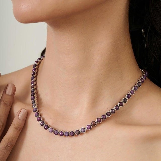 Purple 46.62Ct Star Ruby Bezel Set Tennis Necklace in 925 Silver 17 Inches For Sale - Image 8 of 12