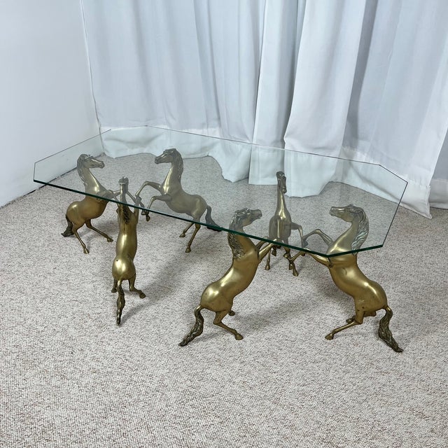 Hollywood Regency Style Coffee Table with Patinated Brass Horses and Glass Top, 1970 For Sale - Image 4 of 18