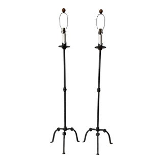 Vintage Hand-Wrought Iron French Gothic / Spanish Revival Style Tripod Floor Lamps – A Pair For Sale