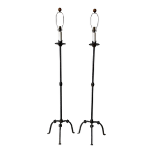 Vintage Hand-Wrought Iron French Gothic / Spanish Revival Style Tripod Floor Lamps – A Pair