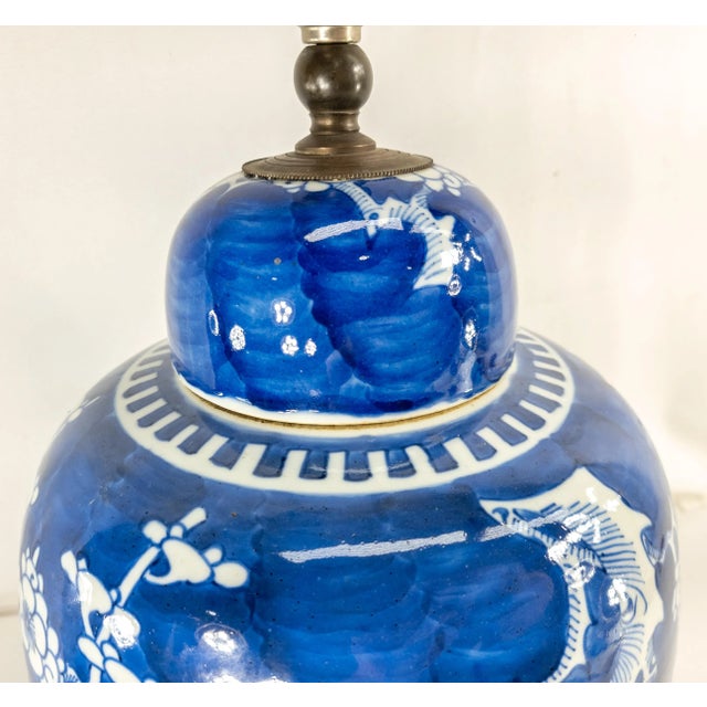 Blue 19th Century Chinese Chinoiserie Blue and White Prunus Ginger Jar Table Lamp For Sale - Image 8 of 12