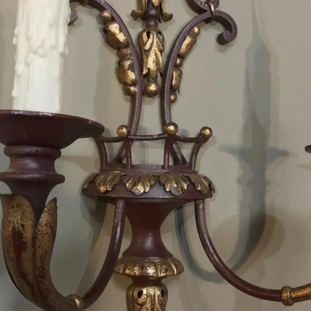 Bronze Pair of Antique Italian Wrought Iron and Painted Wood Sconces For Sale - Image 8 of 12