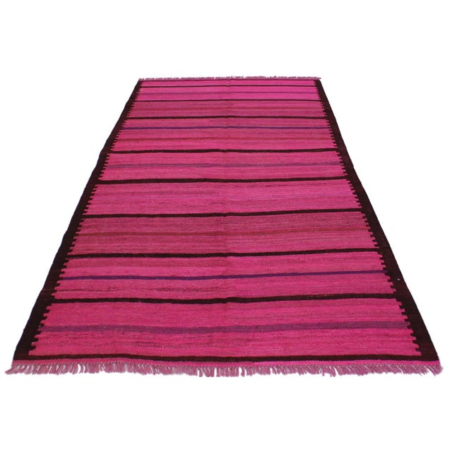 Modern Bohemian Kilim Pink Purple Wool Rug - 4'11" X 6'8" For Sale - Image 3 of 7