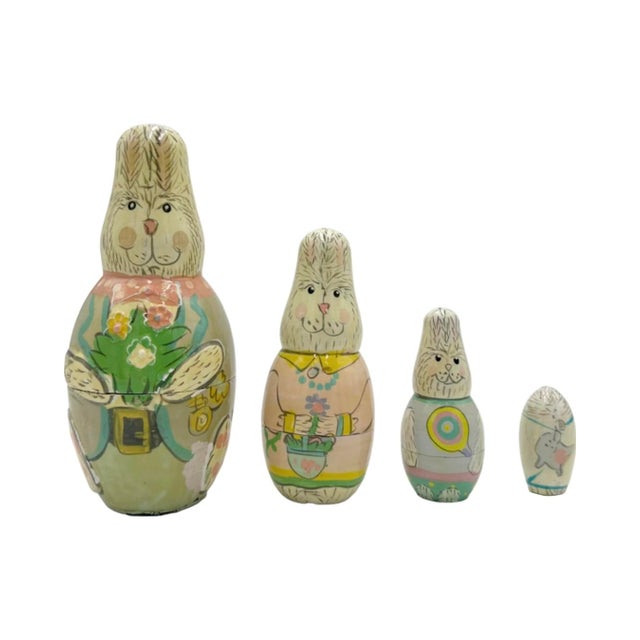 Vintage Easter Bunny Rabbit Nesting Dolls Midwest Importers Wooden Matryoshka For Sale - Image 13 of 13