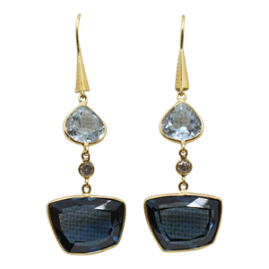 Mid 20th Century Blue Topaz and Diamond Drop Earring With 18k Yellow Gold, A Pair