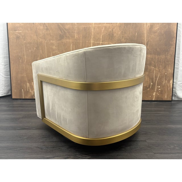 Contemporary Rh Reginald Chair | Italian Veneto Leather – Ivory | Brass | Black Oak Drifted Base | 360° Swivel For Sale - Image 3 of 18