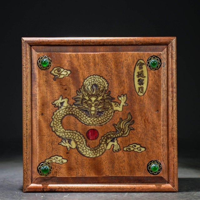 Brown Vintage Chinese Huali Wood Jewelry Box With Gemstone & Mother of Pearl Dragon Inlay For Sale - Image 8 of 8